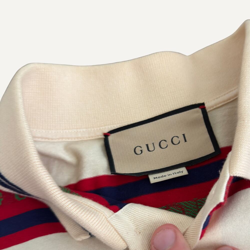 Gucci Striped Logo Polo Shirt Cream Red Navy Cotton Made in Italy Size S - Picture 3 of 7